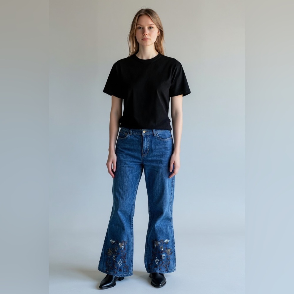 Y2K Vintage Embroidered Wide Leg Bell Bottom Jeans